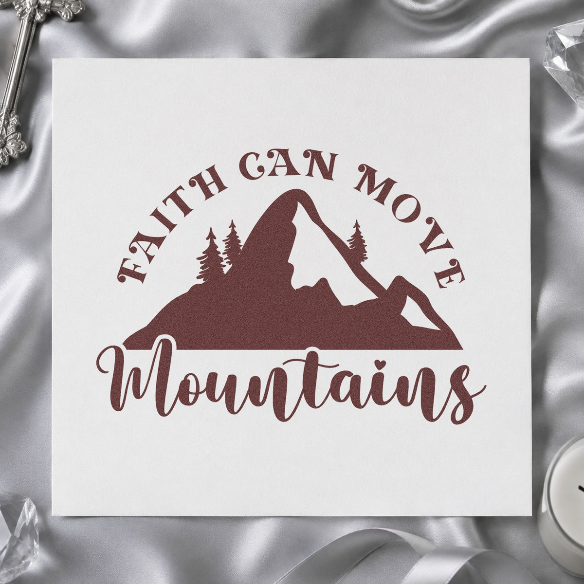Faith Moves Mountains Silhouette rubber stamp printed in brown ink, ready for summit pages and similar paper crafts.