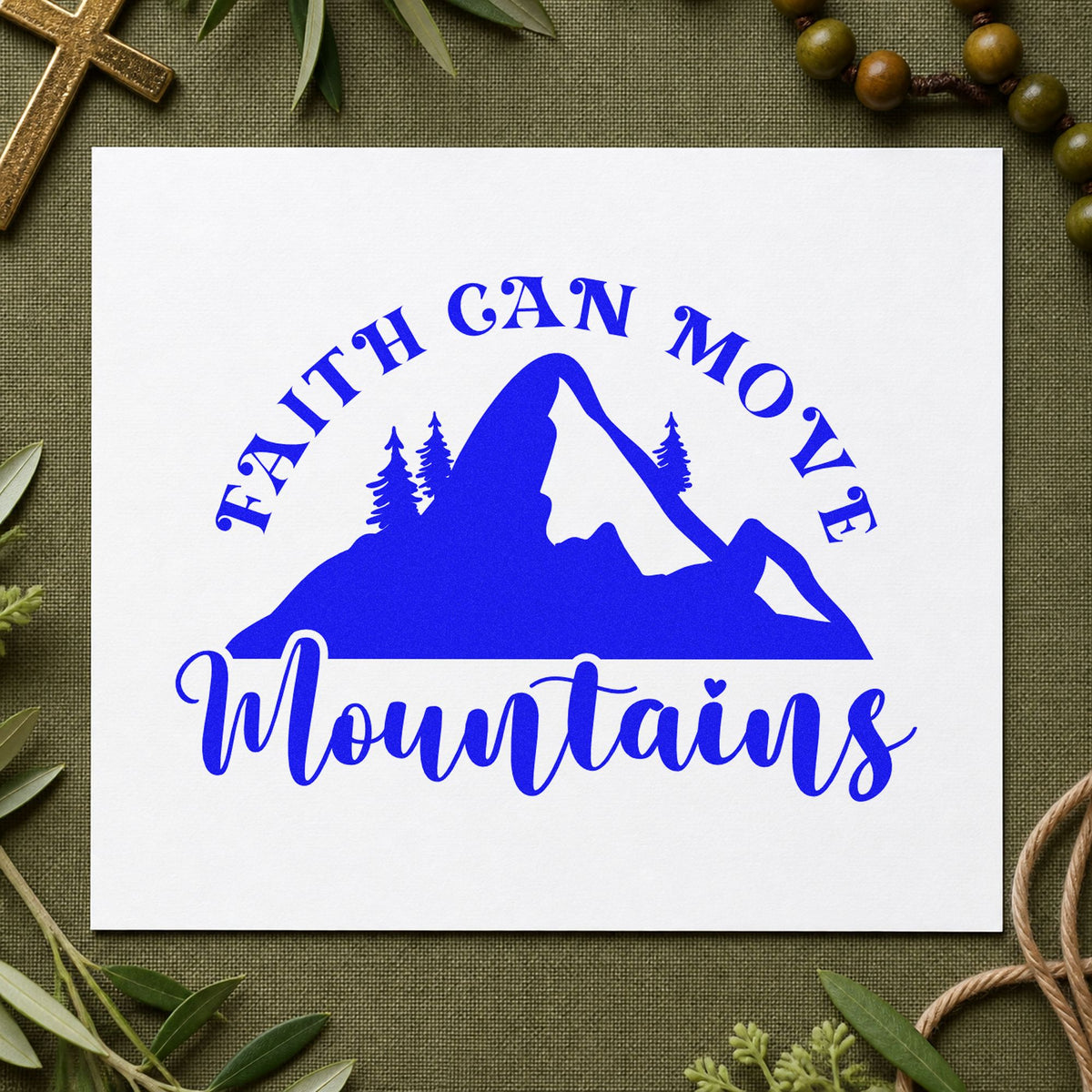 Faith Moves Mountains Silhouette craft stamp in blue ink on cardstock, an easy option for canvas totes.