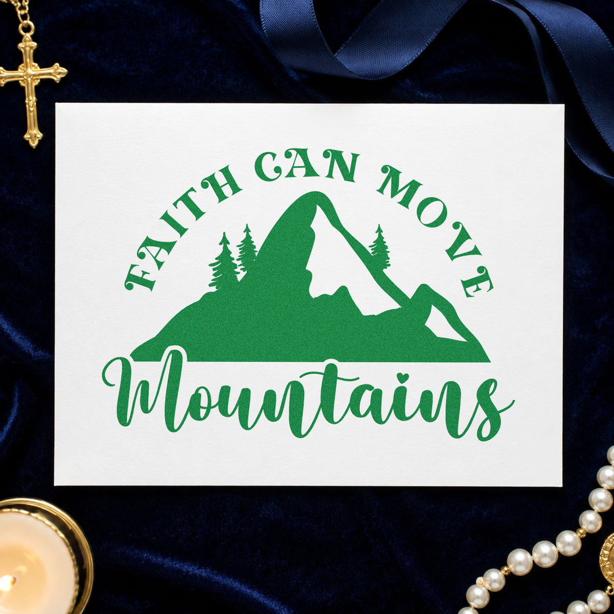 Faith Moves Mountains Silhouette craft stamp imprint in green ink on a handmade project, one idea being framed lodge art.