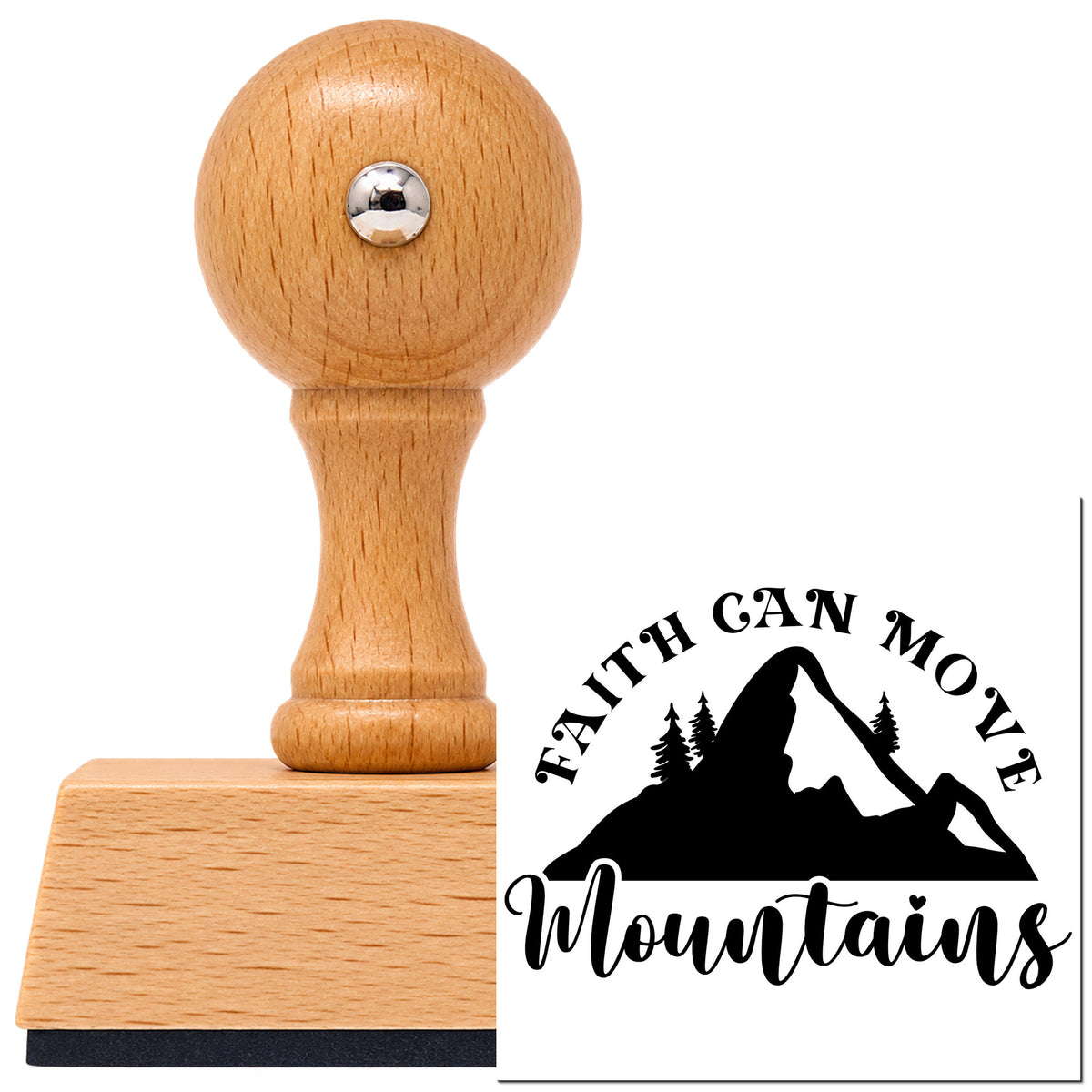 Vintage Pro beech wood stamp with a round knob handle, shown with its black Faith Moves Mountains Silhouette imprint on white.