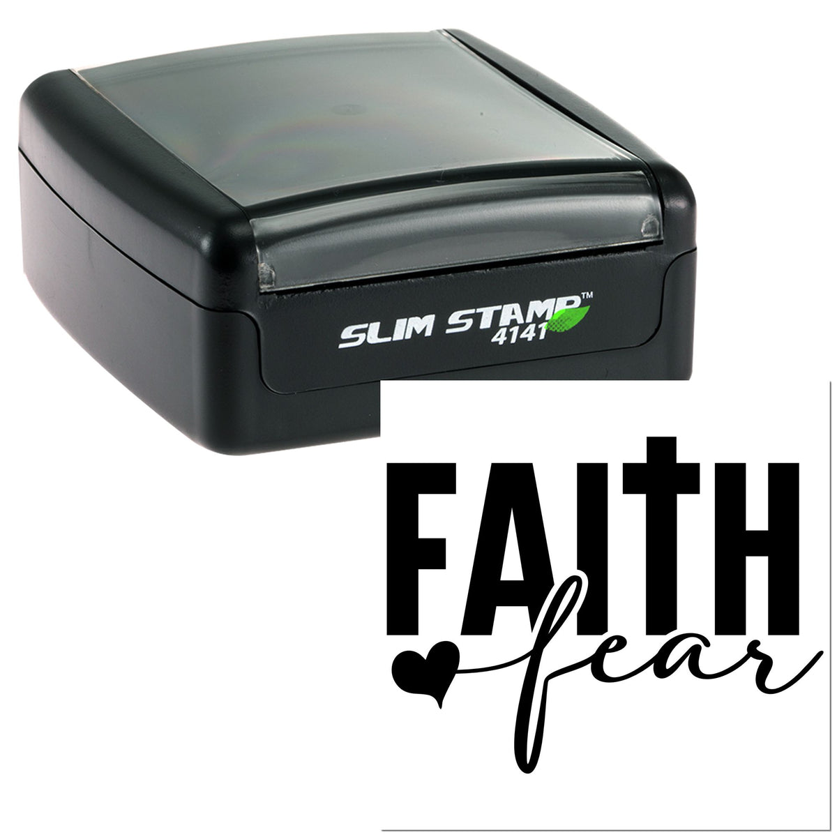 Black Slim Stamp 4141 self-inking office stamp with clear lid and Faith seal design