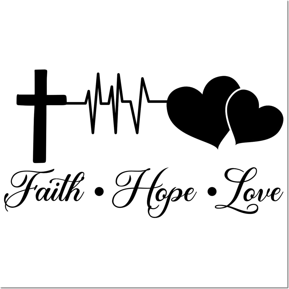 Black faith, hope, love stamp and seal design with cross, heartbeat line, and heart shapes.