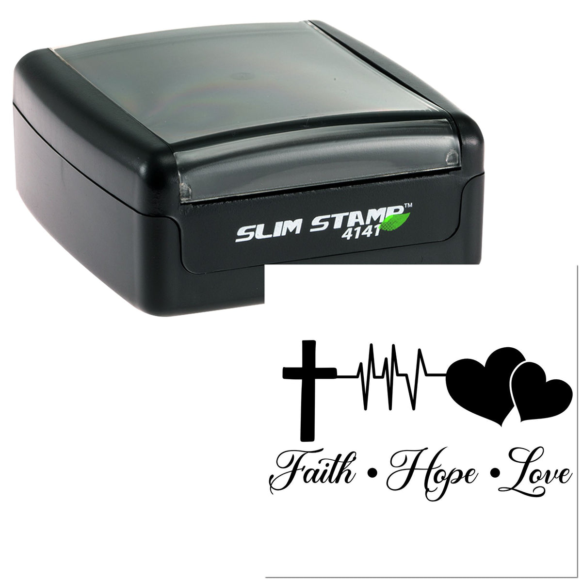Black Slim Stamp self-inking stamp and seal with cross, heartbeat line, hearts, and Faith  Hope  Love.