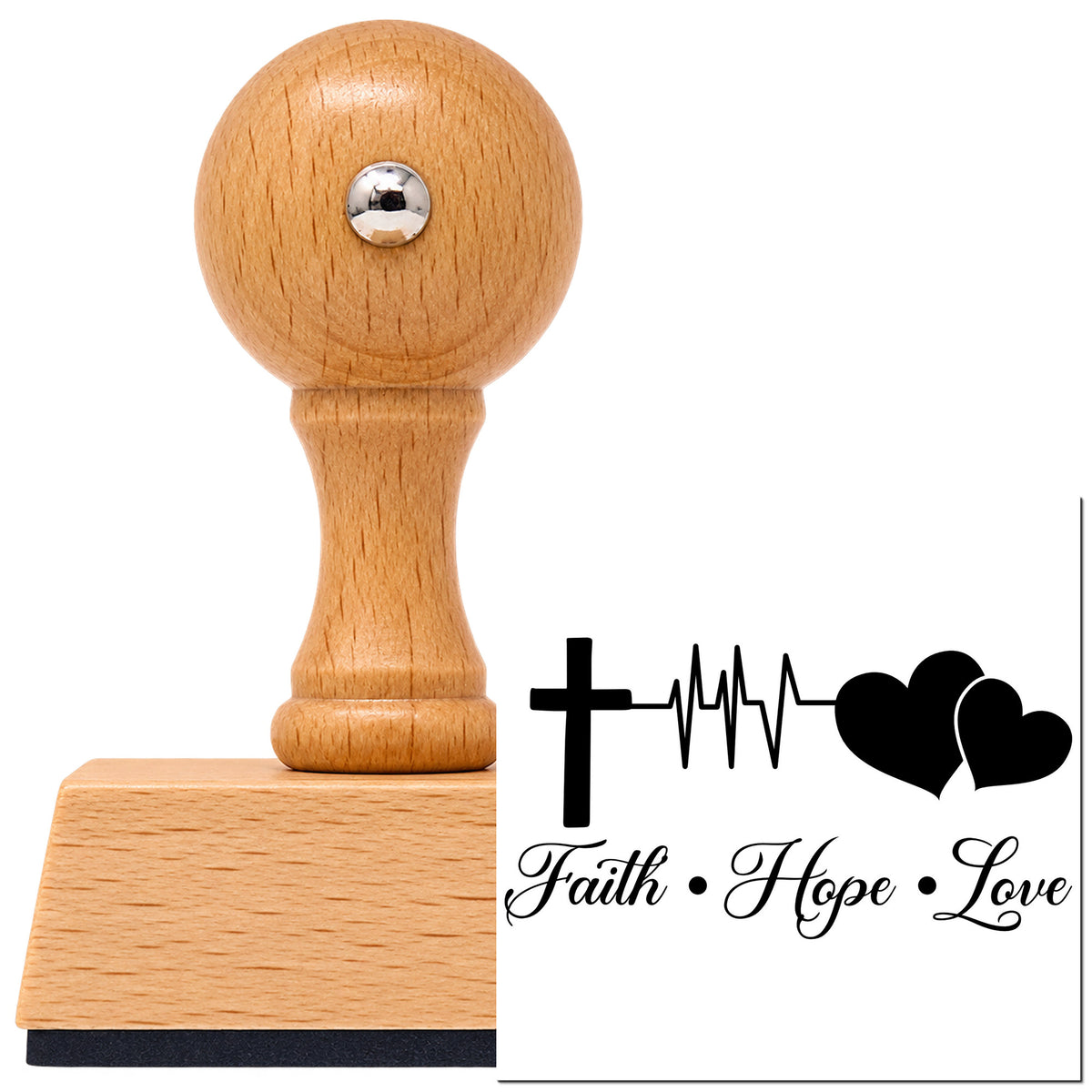 Vintage Pro beech wood stamp with a round knob handle, shown with its black Faith Hope Love Double Heart imprint on white.