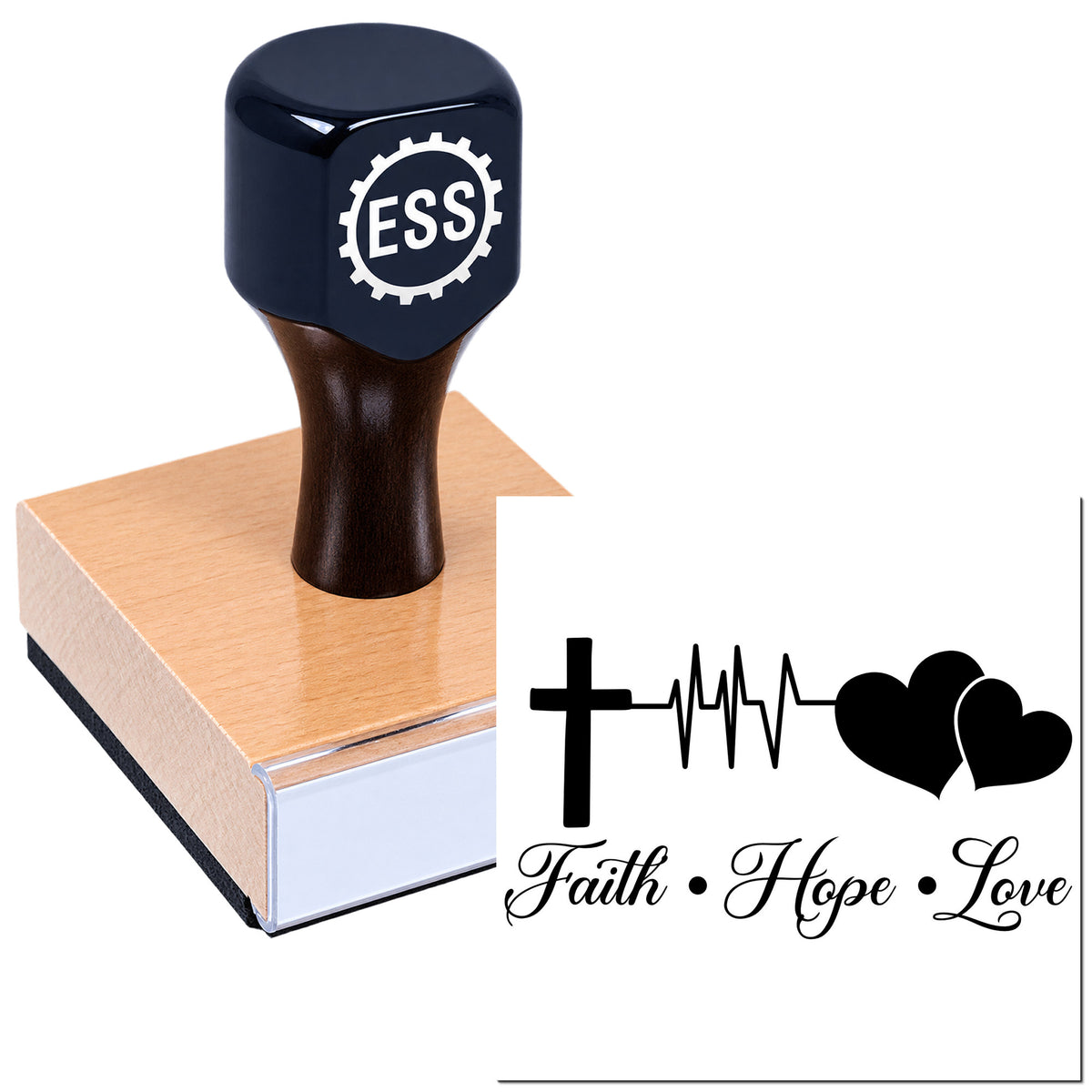 Black ESS rubber stamp on wooden mount beside a black faith, hope and love seal design on white.