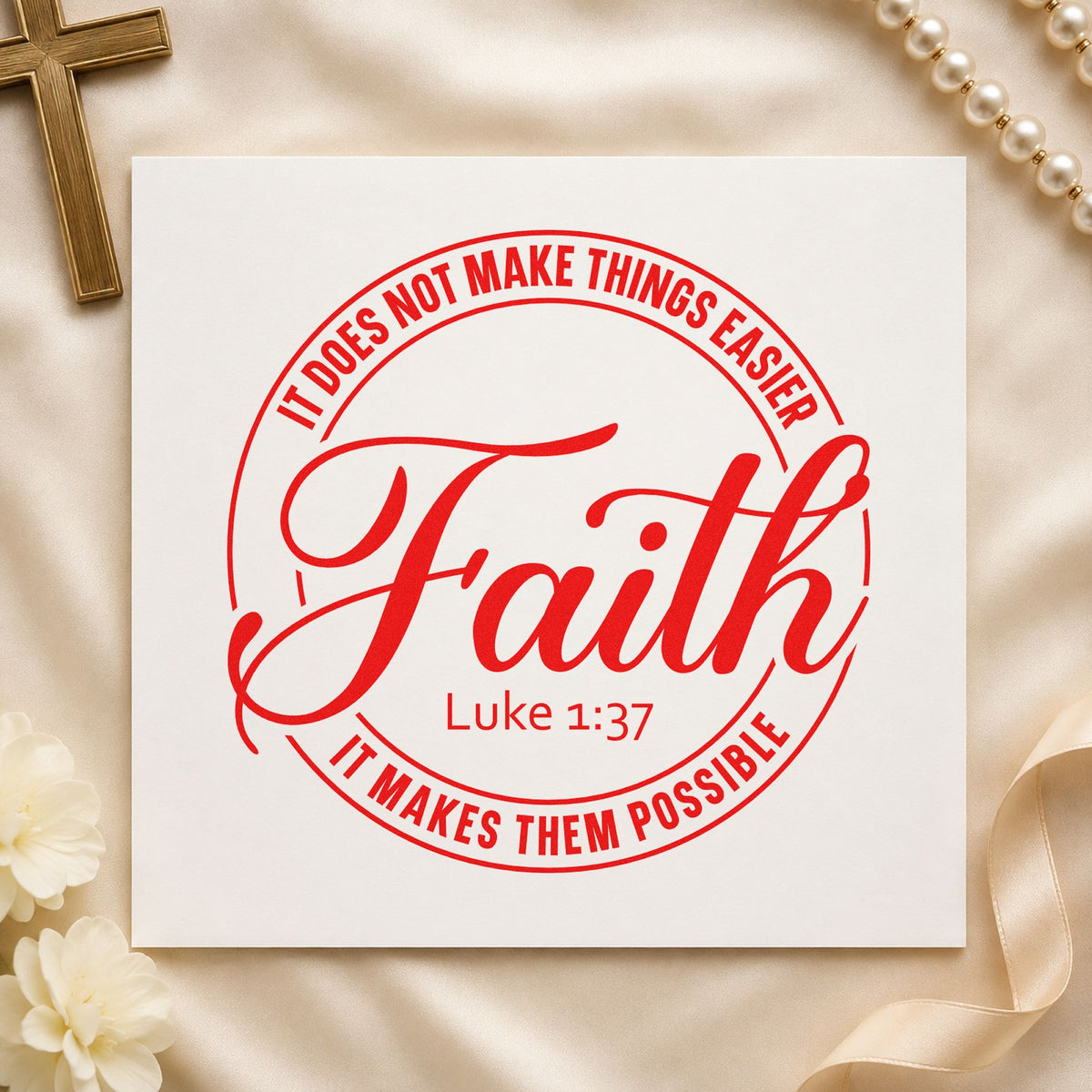 Faith Makes Possible Circle rubber stamp shown in red ink, stamped for projects such as caregiver notes.