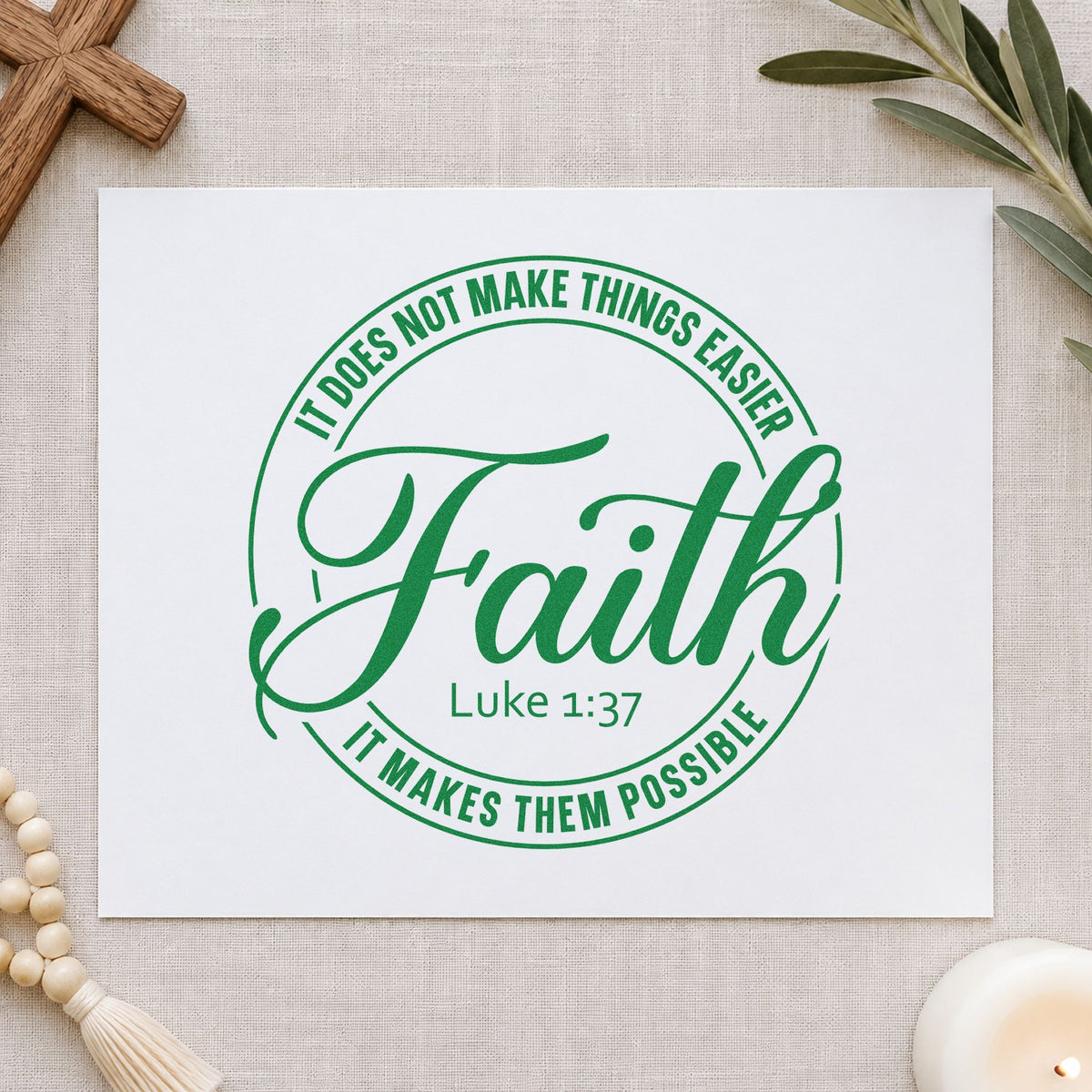 Faith Makes Possible Circle craft stamp imprint in green ink on a handmade project, one idea being framed desk art.