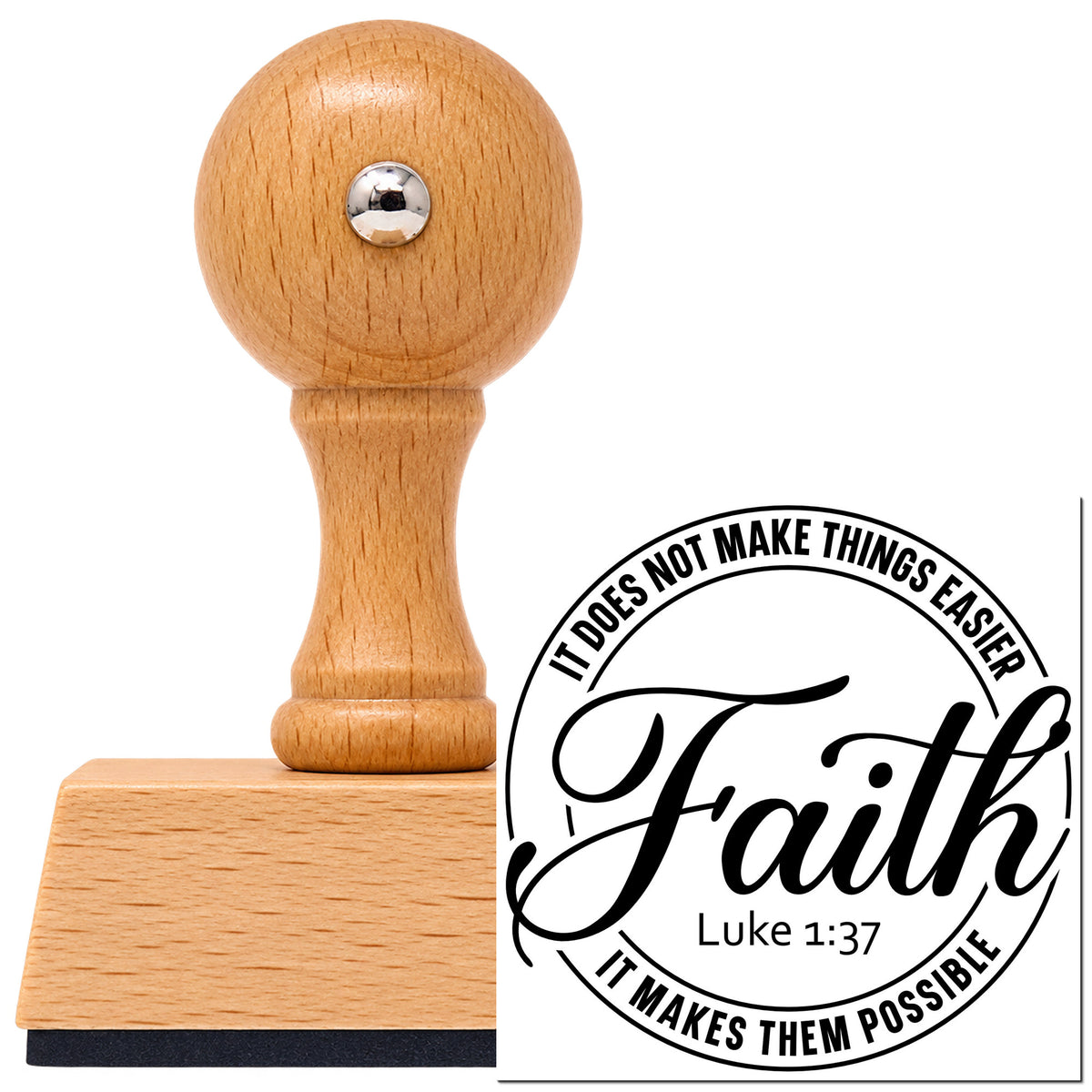 Vintage Pro beech wood stamp with a round knob handle, shown with its black Faith Makes Possible Circle With Cross imprint on white.