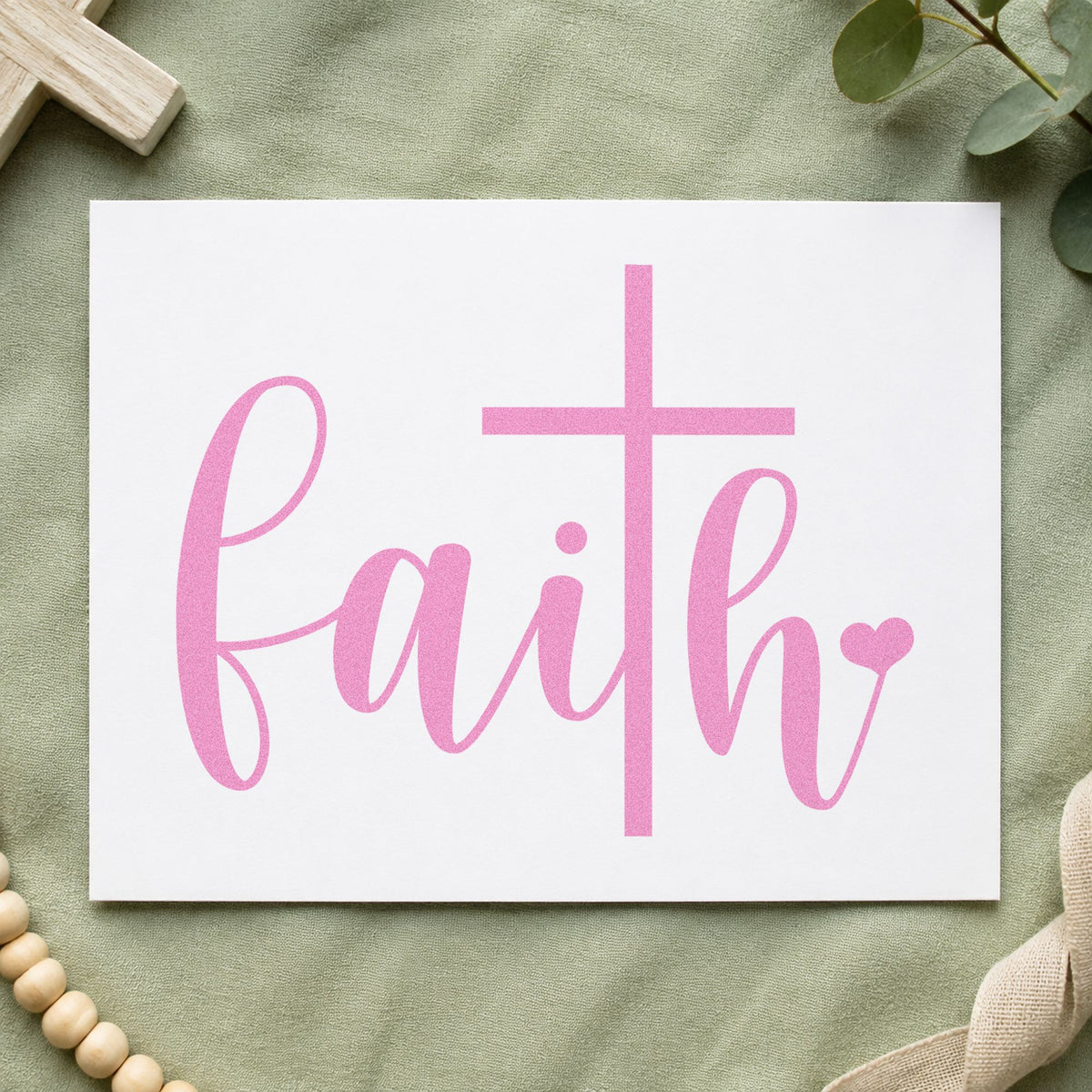 Faith Script Cross Heart craft stamp in purple ink on cardstock, an easy option for confirmation tags.