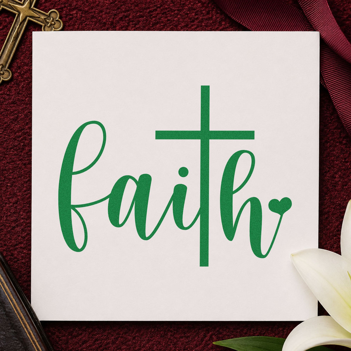 Faith Script Cross Heart craft stamp imprint in green ink on a handmade project, one idea being tattoo sketch crafts.