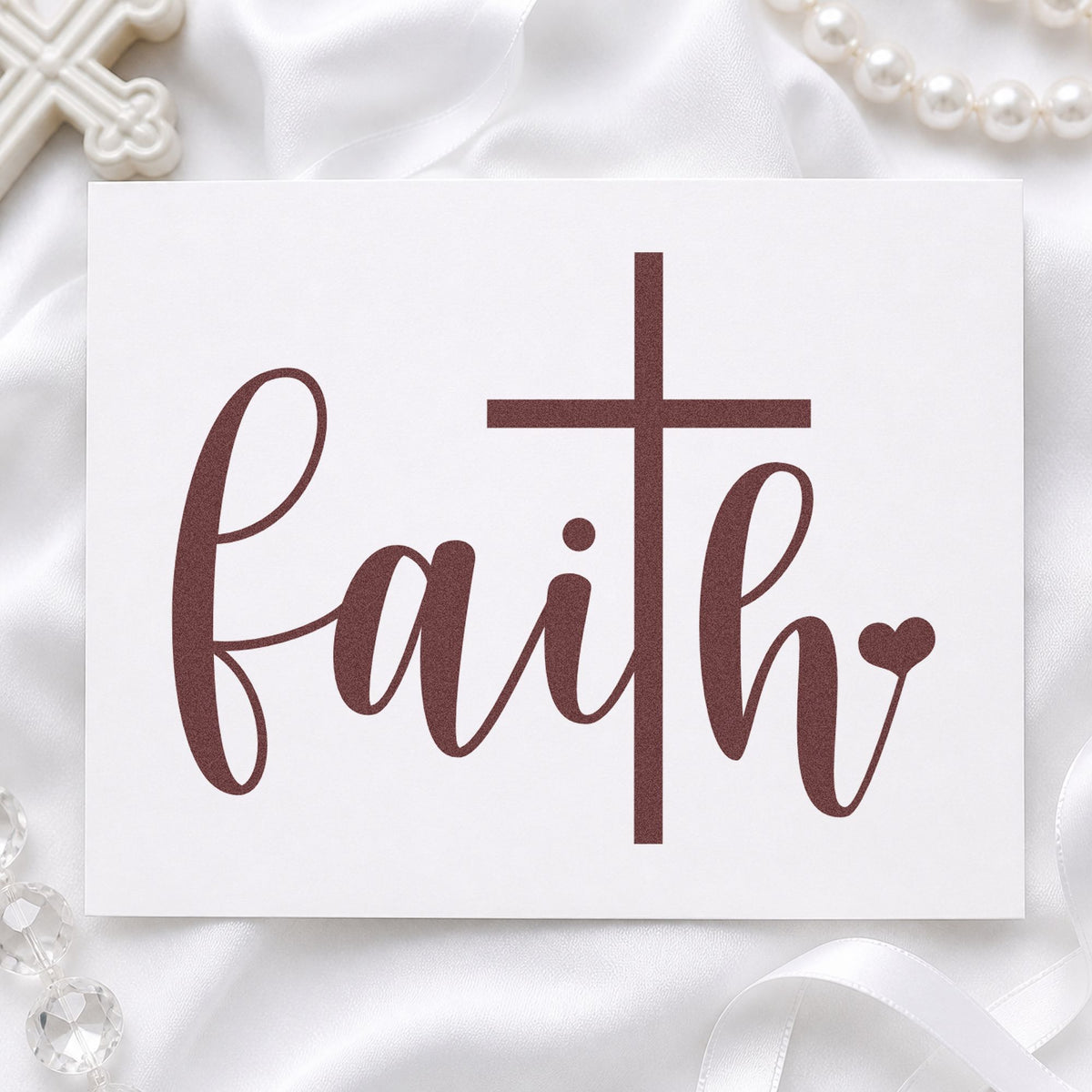 Faith Script Cross Heart rubber stamp printed in brown ink, ready for title word pages and similar paper crafts.