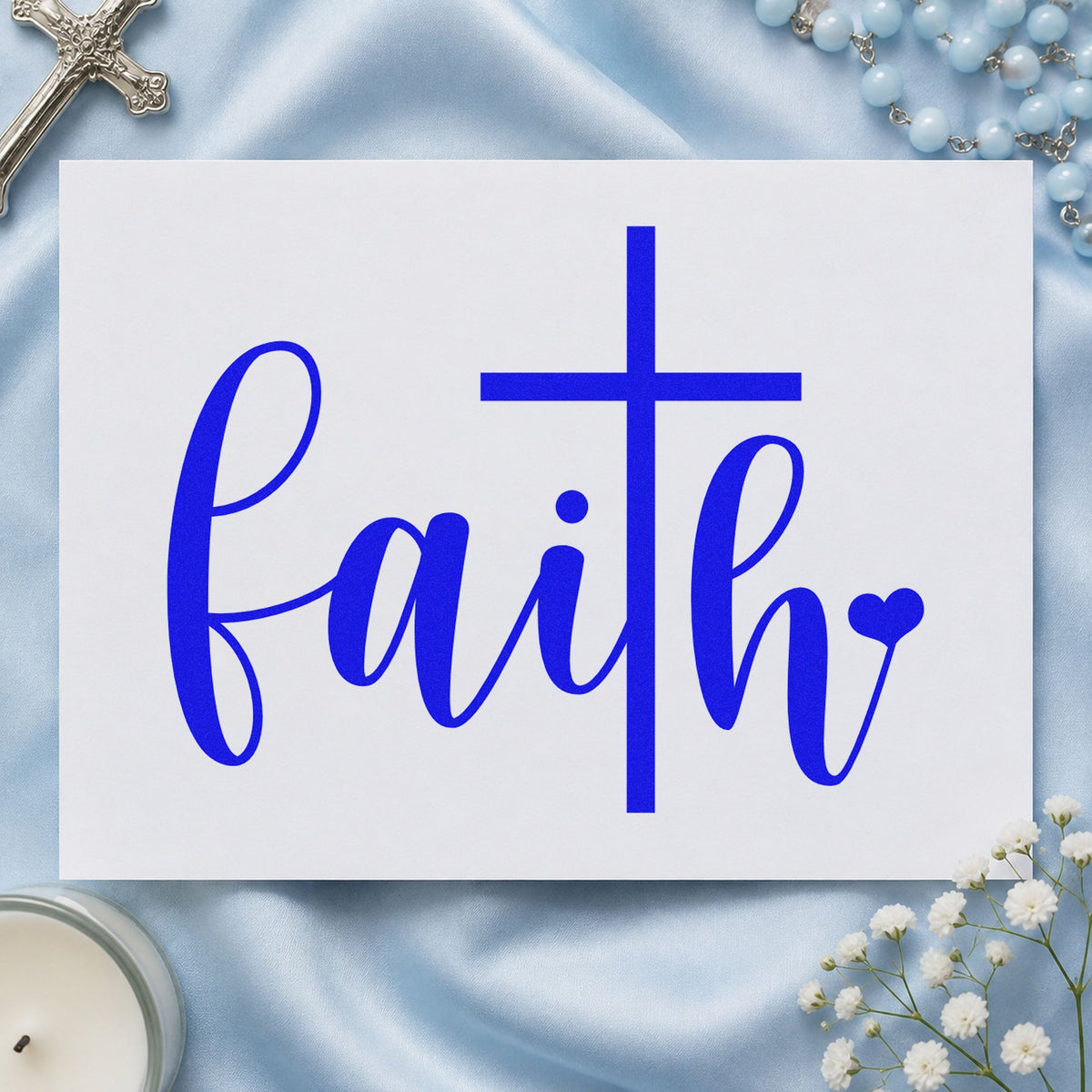 Faith Script Cross Heart craft stamp in blue ink on cardstock, an easy option for tee transfers.