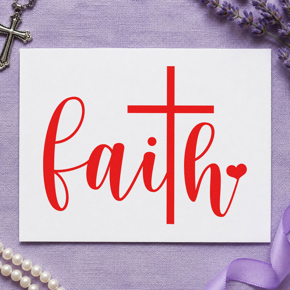 Faith Script Cross Heart rubber stamp shown in red ink, stamped for projects such as ornament tags.
