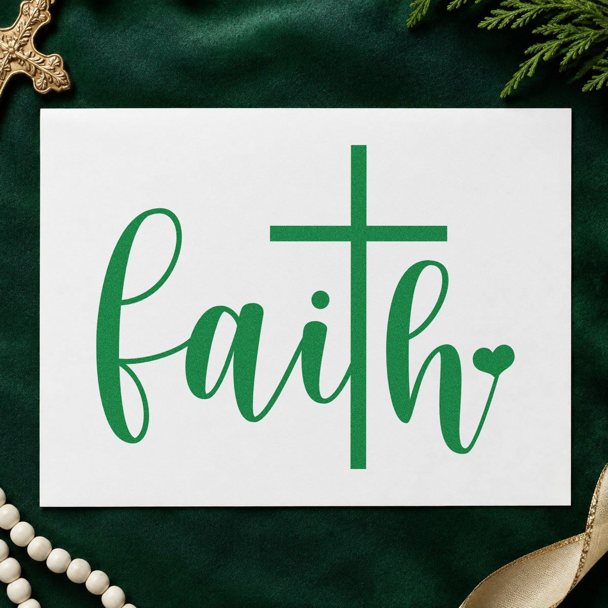 Faith Script Cross Heart craft stamp imprint in green ink on a handmade project, one idea being framed shelf art.