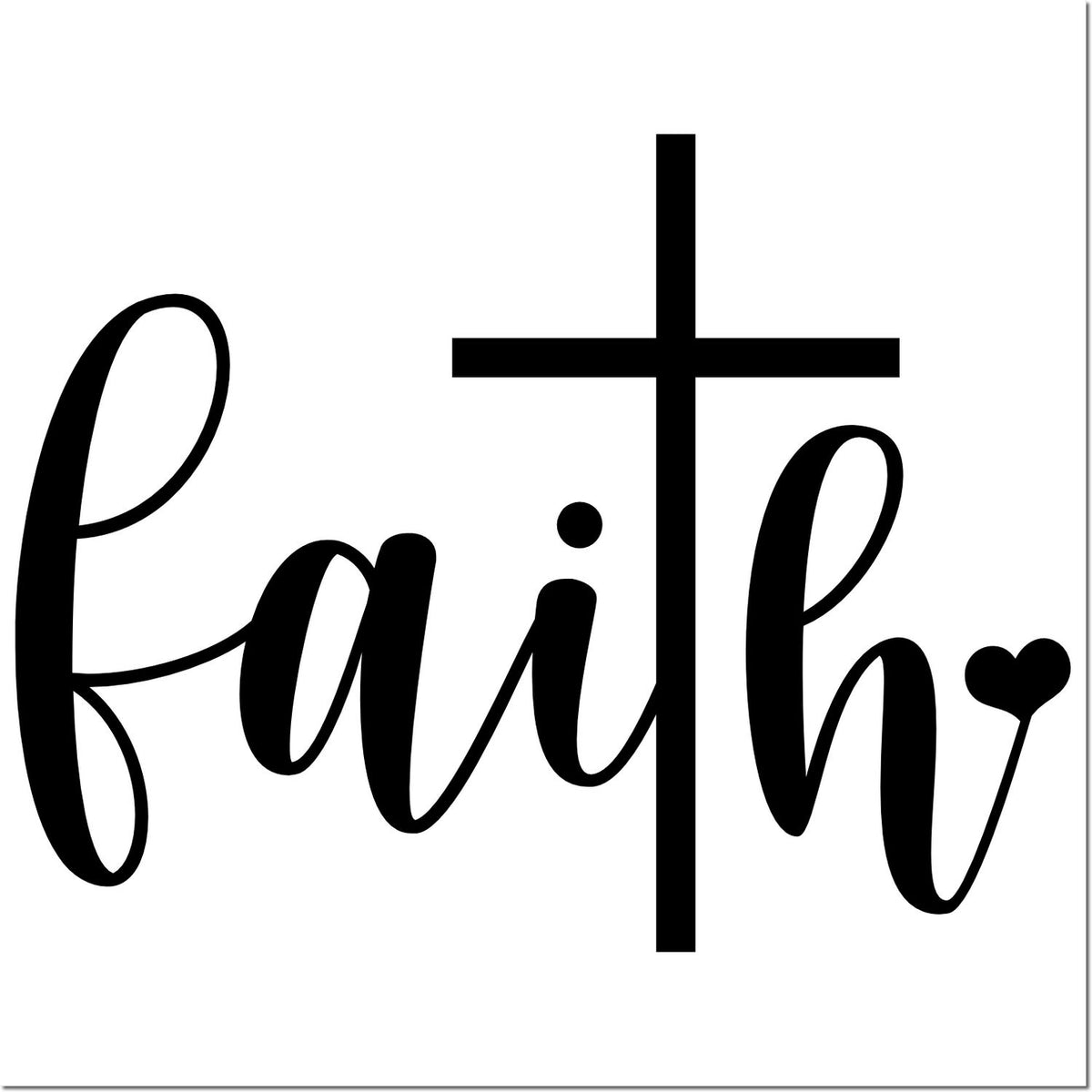 Black Faith stamp seal in script with a cross as the t and a heart accent on a white background.