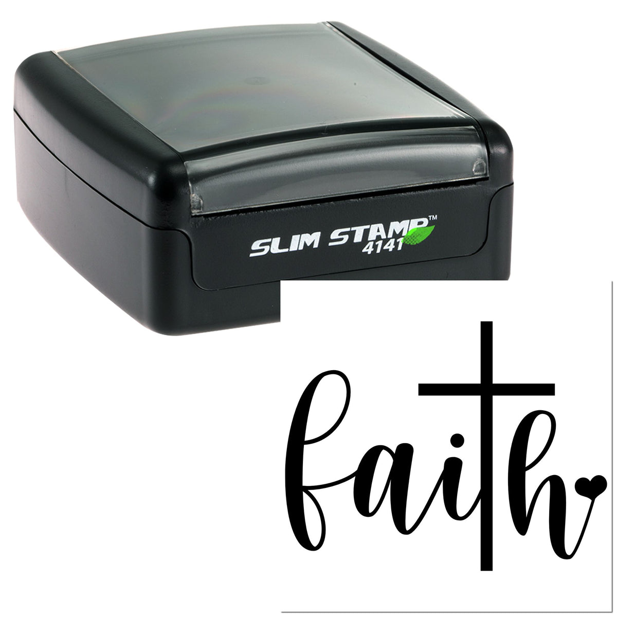 Black self-inking Slim Stamp 4141 with clear cap and matching faith script seal design.