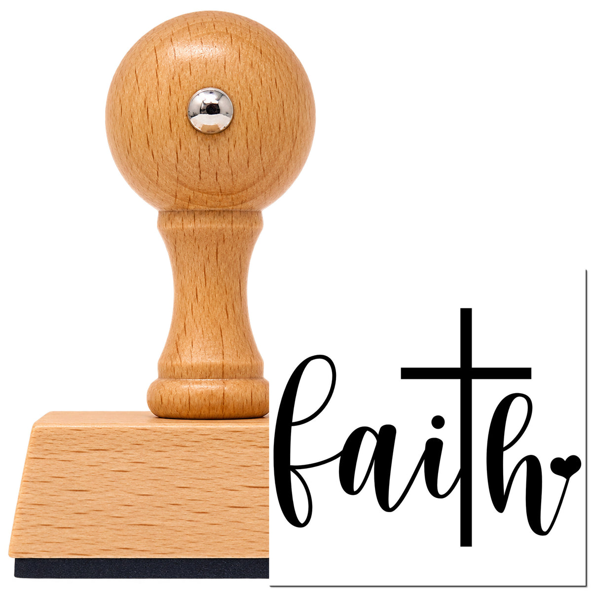 Vintage Pro beech wood stamp with a round knob handle, shown with its black Faith Script Cross Heart imprint on white.