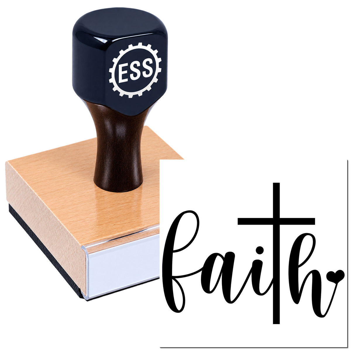 Black ESS stamp and seal on a pink-and-white box with a "Faith" design.