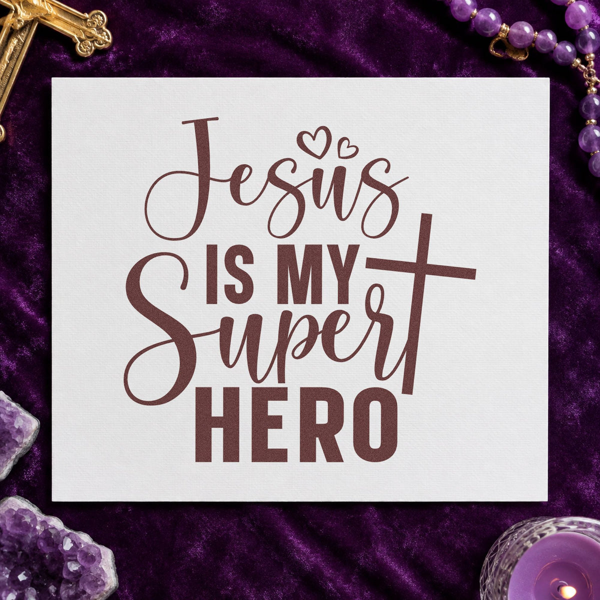 Jesus Is My Superhero rubber stamp printed in brown ink, ready for kid hero pages and similar paper crafts.