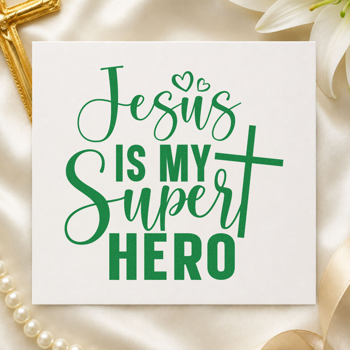 Jesus Is My Superhero craft stamp imprint in green ink on a handmade project, one idea being treat bag tags.