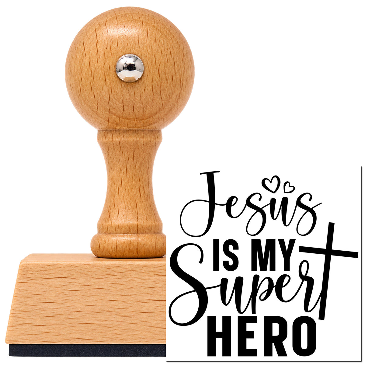 Vintage Pro beech wood stamp with a round knob handle, shown with its black Jesus Is My Superhero With Cross imprint on white.