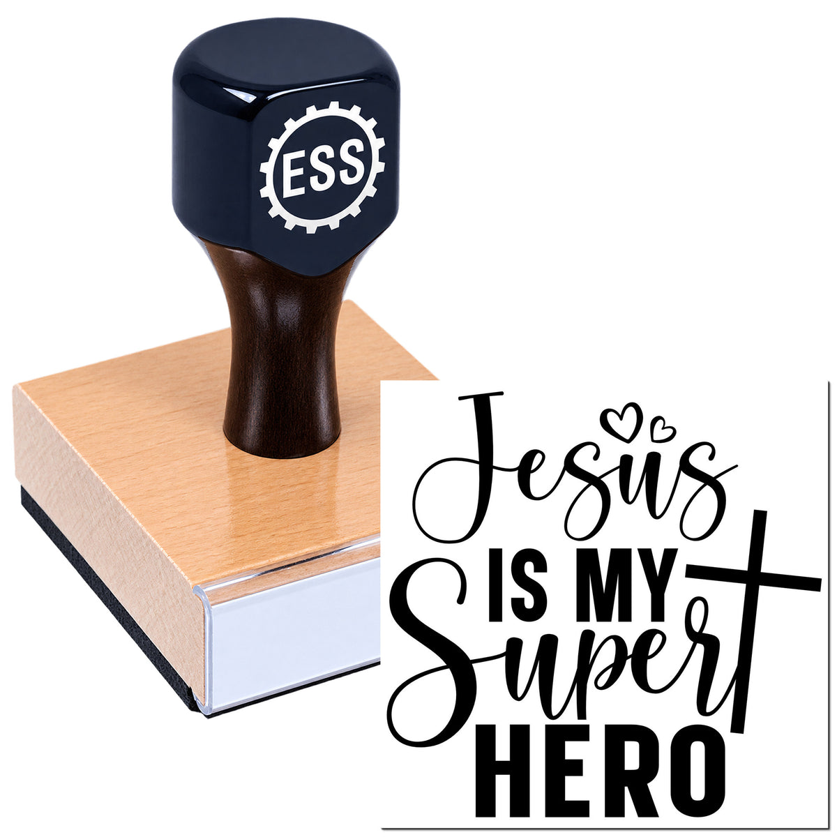 Dark blue ESS stamp seal on peach wood base with black "Jesus Is My Super Hero" lettering.