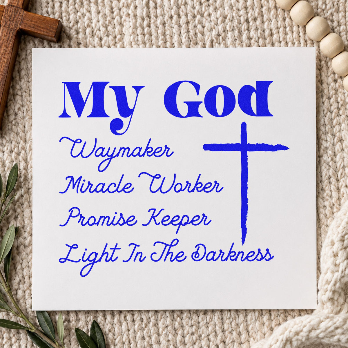 My God Promise Keeper craft stamp in blue ink on cardstock, an easy option for tee transfers.