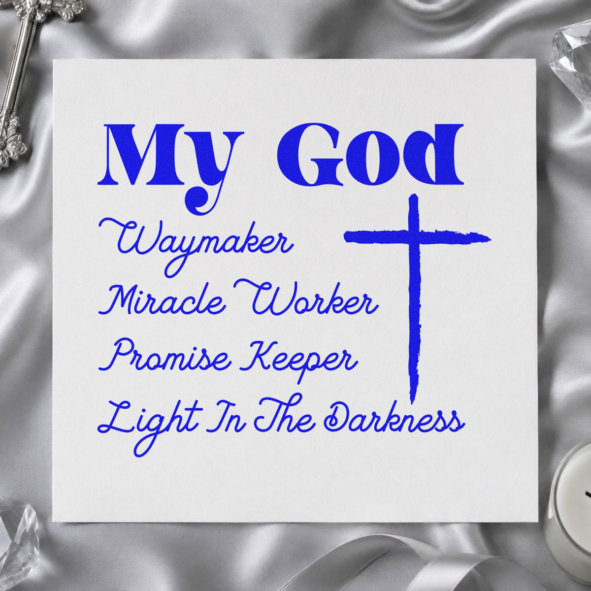 My God Promise Keeper craft stamp imprinted in blue ink on paper, a design suited to bible study handouts.