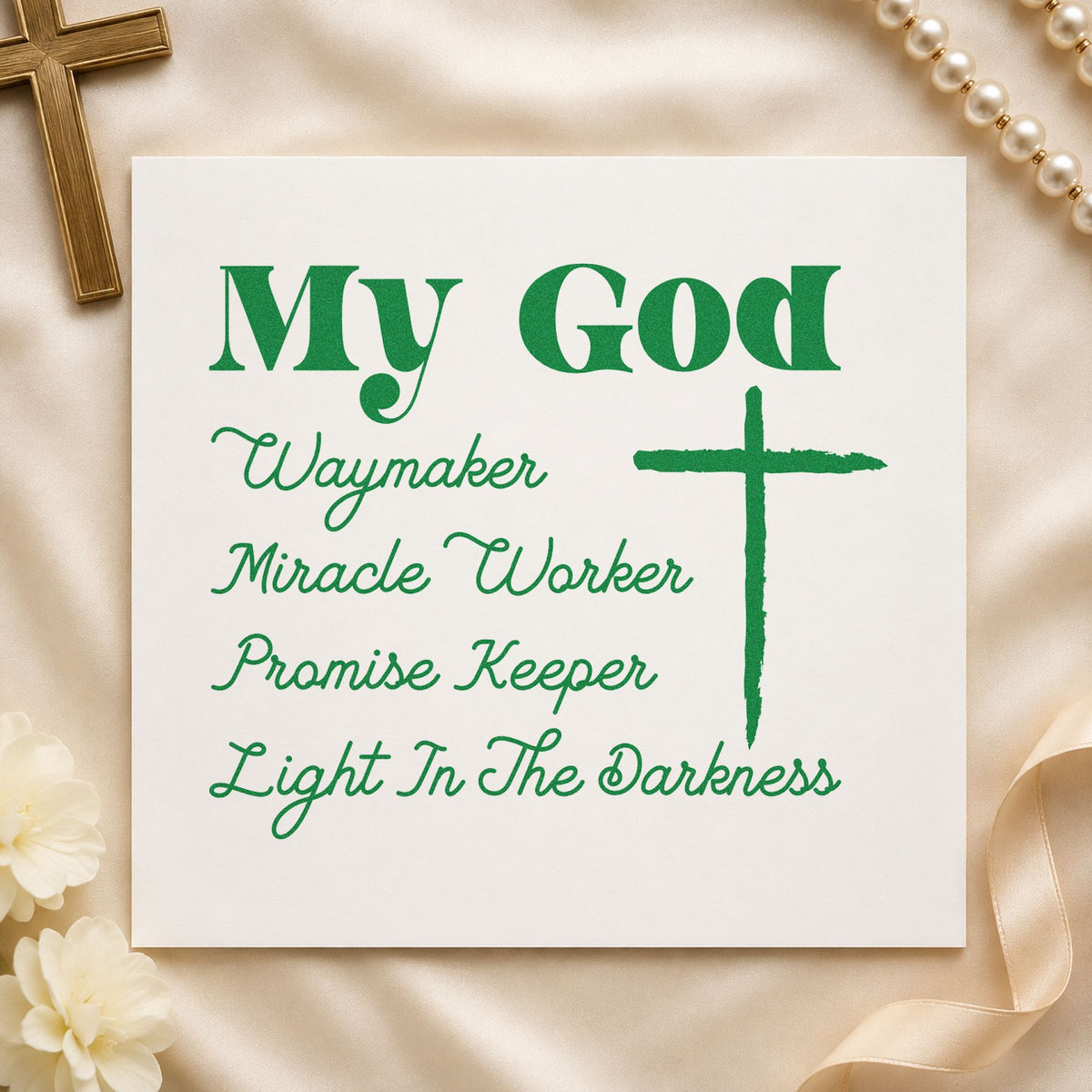 My God Promise Keeper craft stamp imprint in green ink on a handmade project, one idea being framed wall art.