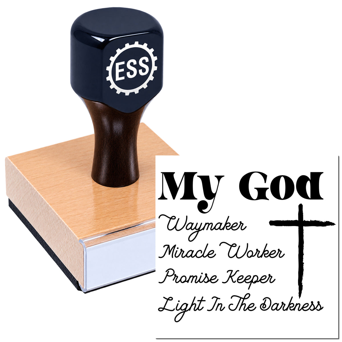 Navy ESS stamp and seal on a wooden block beside black "My God" Christian word art and cross.