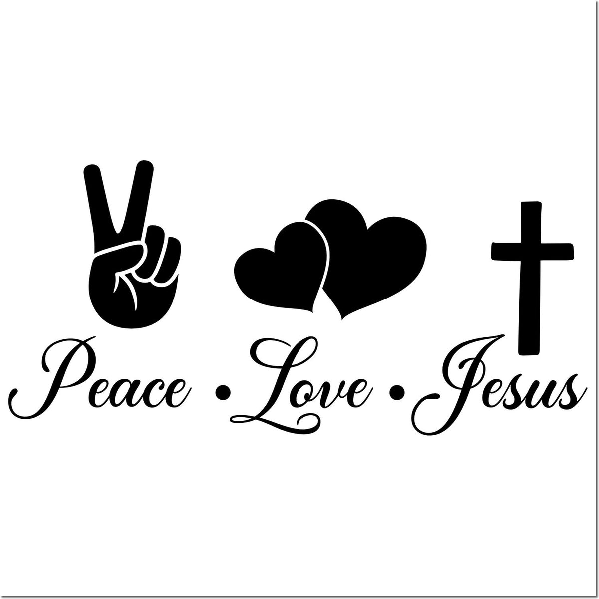 Black peace, love, Jesus stamp design with peace sign, intertwined hearts, and cross on white background.