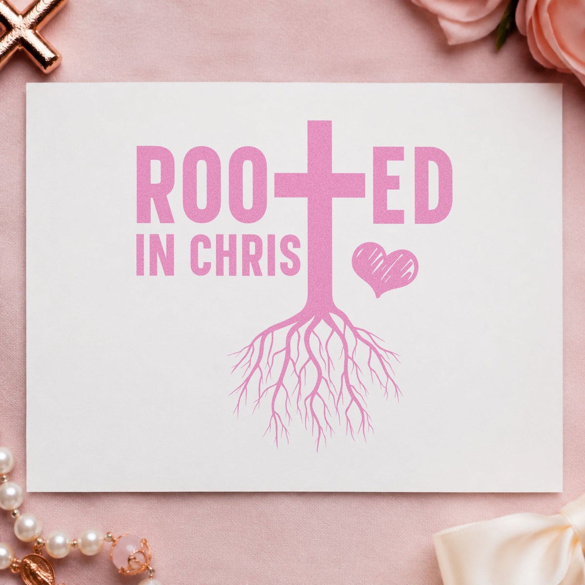 Rooted in Christ craft stamp in purple ink on cardstock, an easy option for garden club gifts.