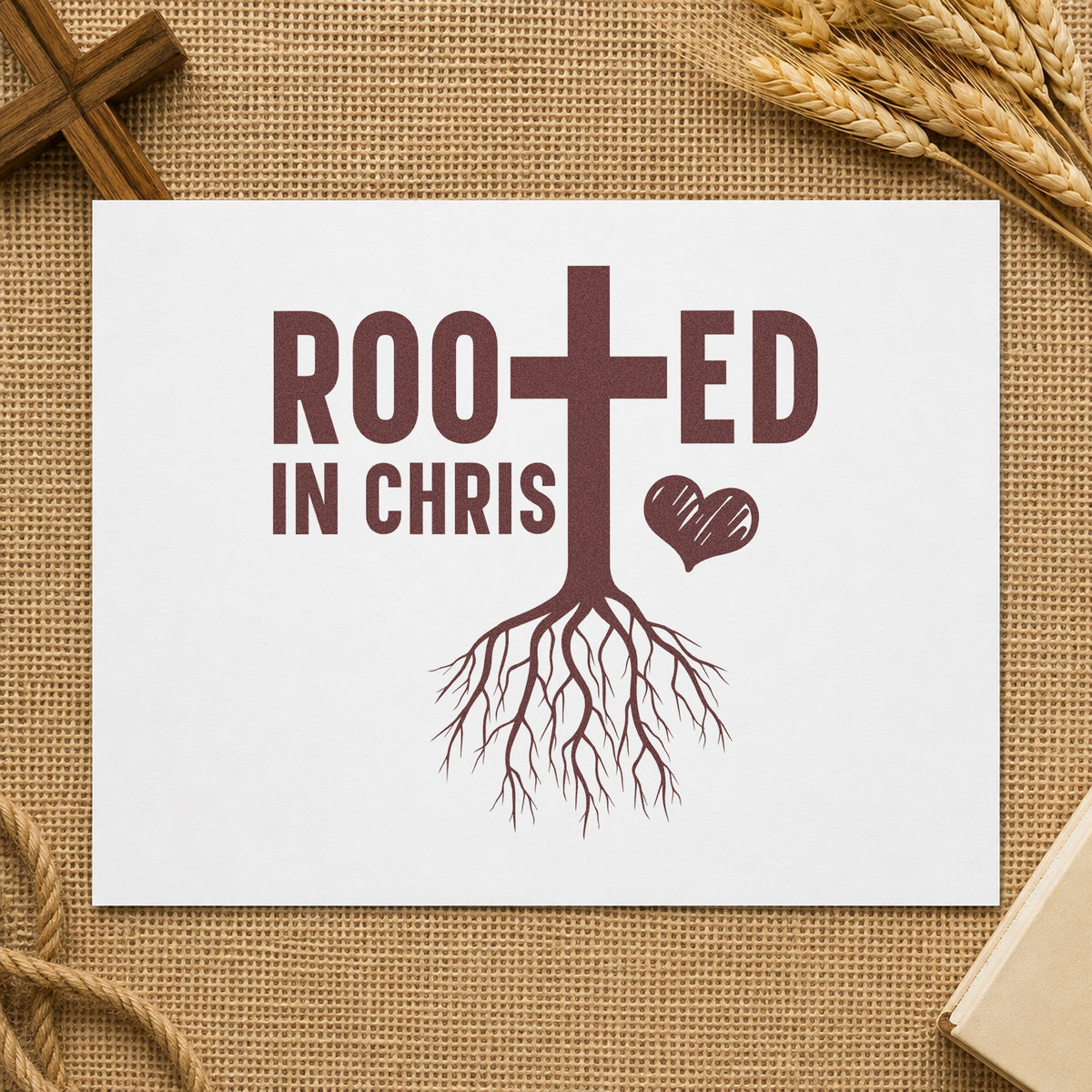 Rooted in Christ rubber stamp printed in brown ink, ready for family tree pages and similar paper crafts.