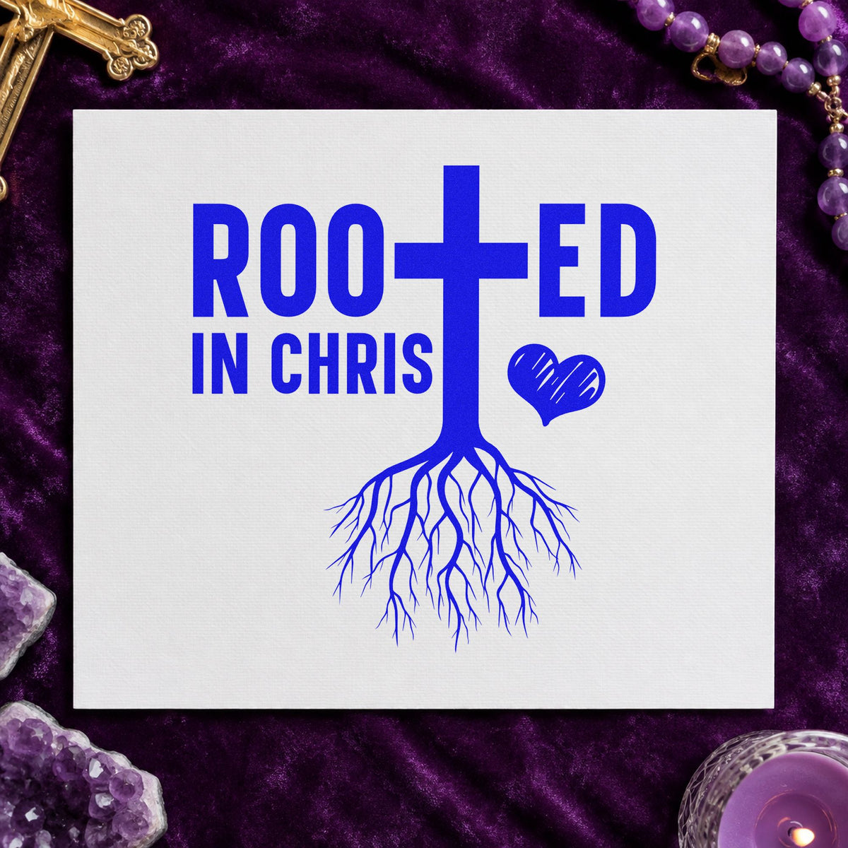 Rooted in Christ craft stamp in blue ink on cardstock, an easy option for canvas totes.
