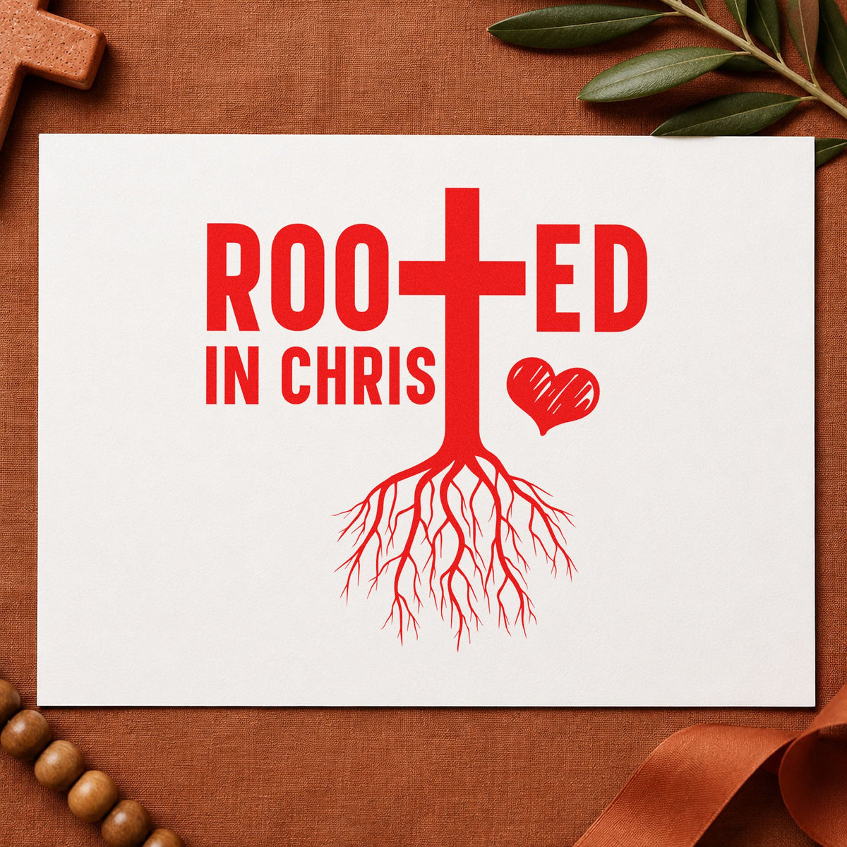 Rooted in Christ rubber stamp shown in red ink, stamped for projects such as seedling favors.