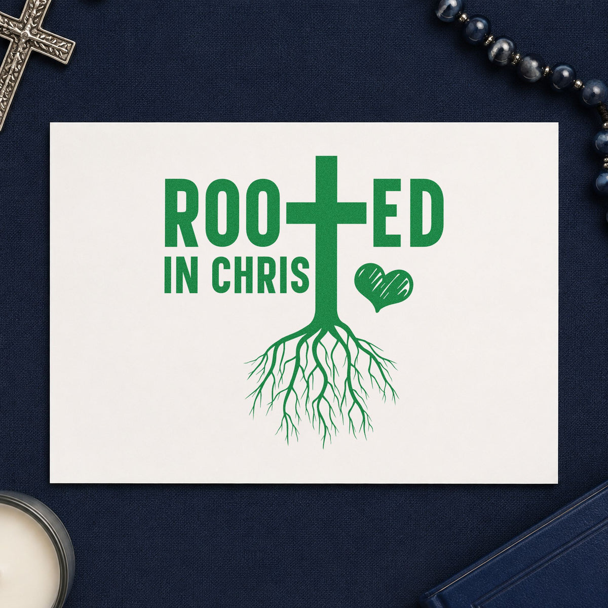 Rooted in Christ craft stamp imprint in green ink on a handmade project, one idea being framed kitchen art.