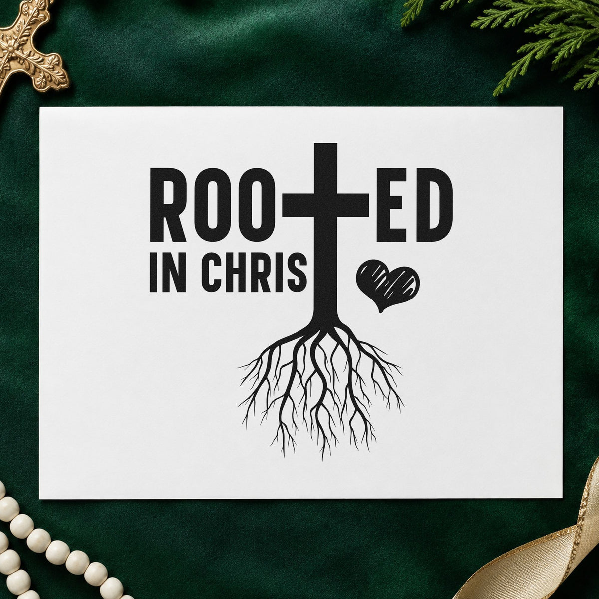 Rooted in Christ rubber stamp printed in black ink, ready for rooted cards and similar paper crafts.