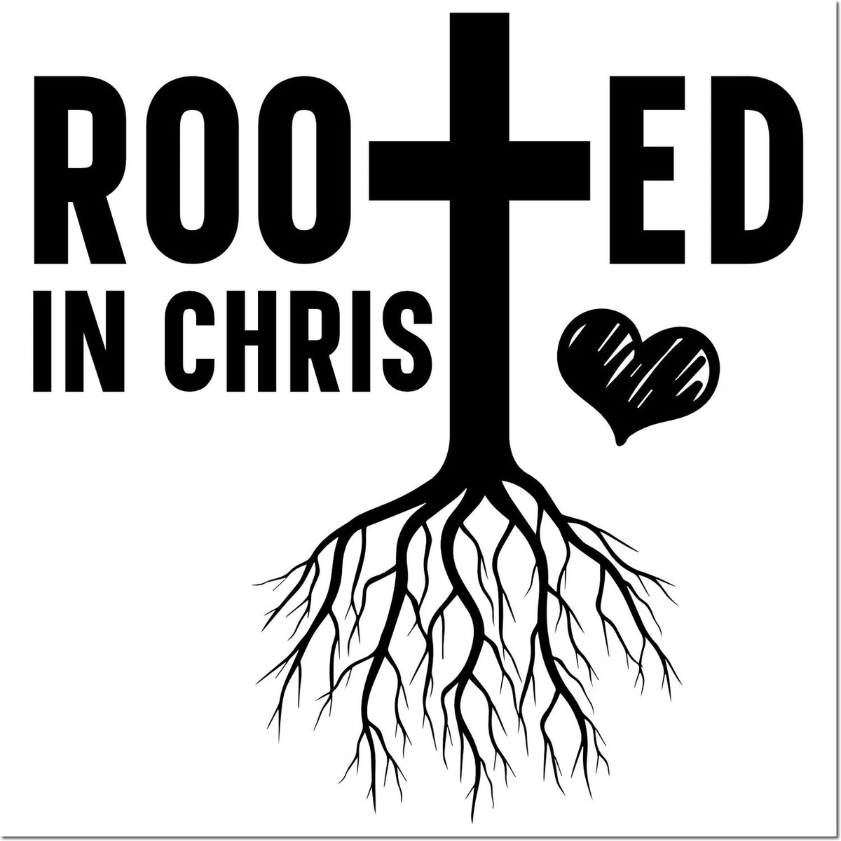 Black Rooted in Christ stamp and seal design with cross-shaped T, heart, and roots on a white background.