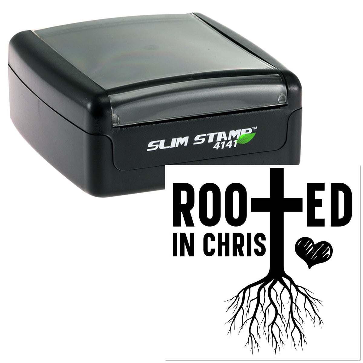 Black Slim Stamp 4141 self-inking stamp and Rooted in Christ seal logo in black on white, with cross, heart, and tree roots.