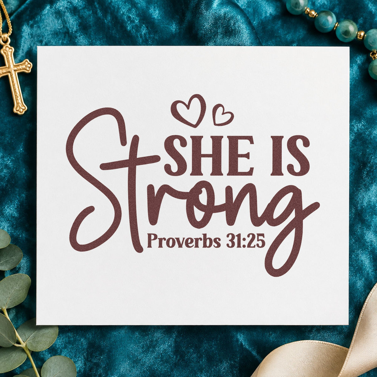 She Is Strong Hearts rubber stamp printed in brown ink, ready for tribute pages and similar paper crafts.