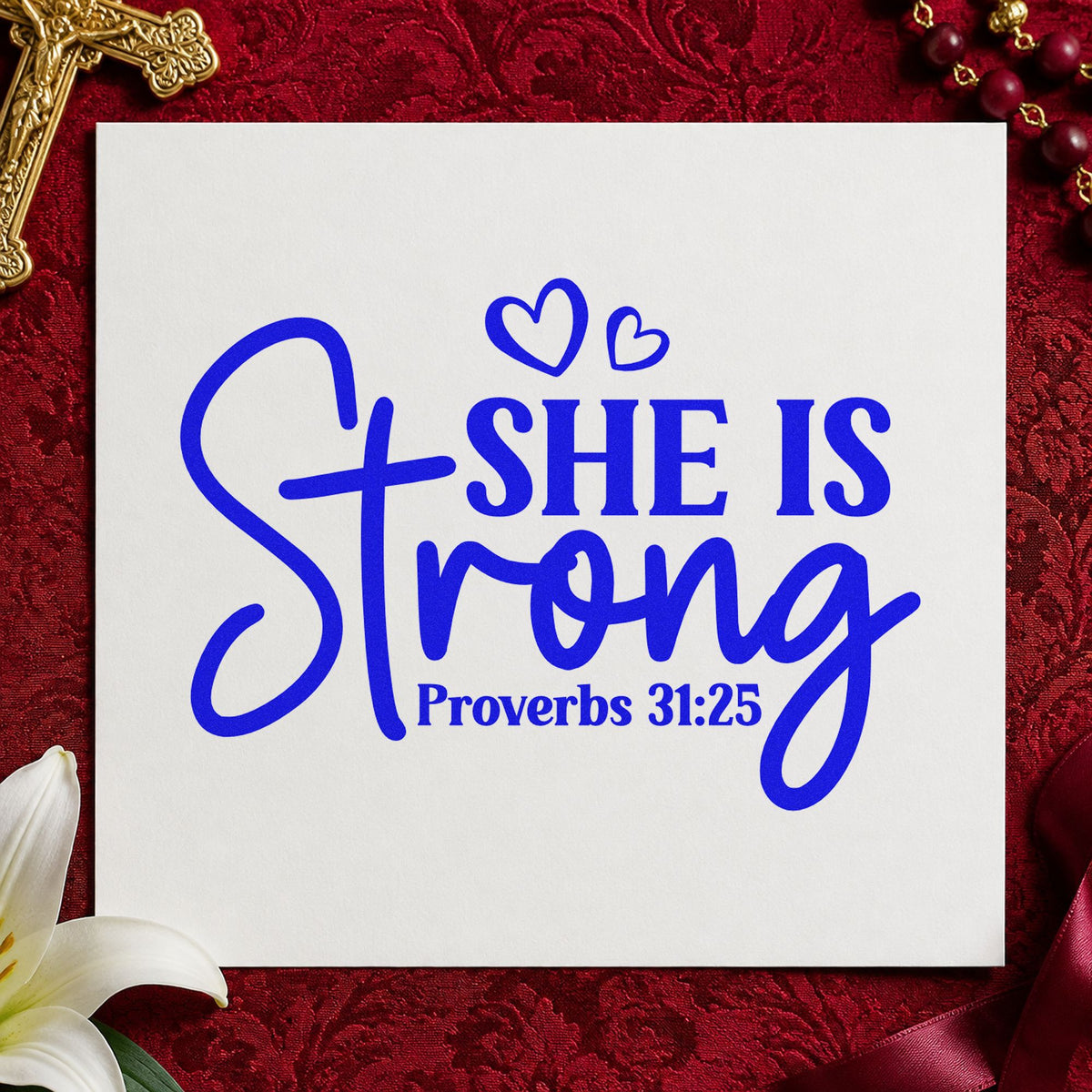She Is Strong Hearts craft stamp in blue ink on cardstock, an easy option for canvas totes.