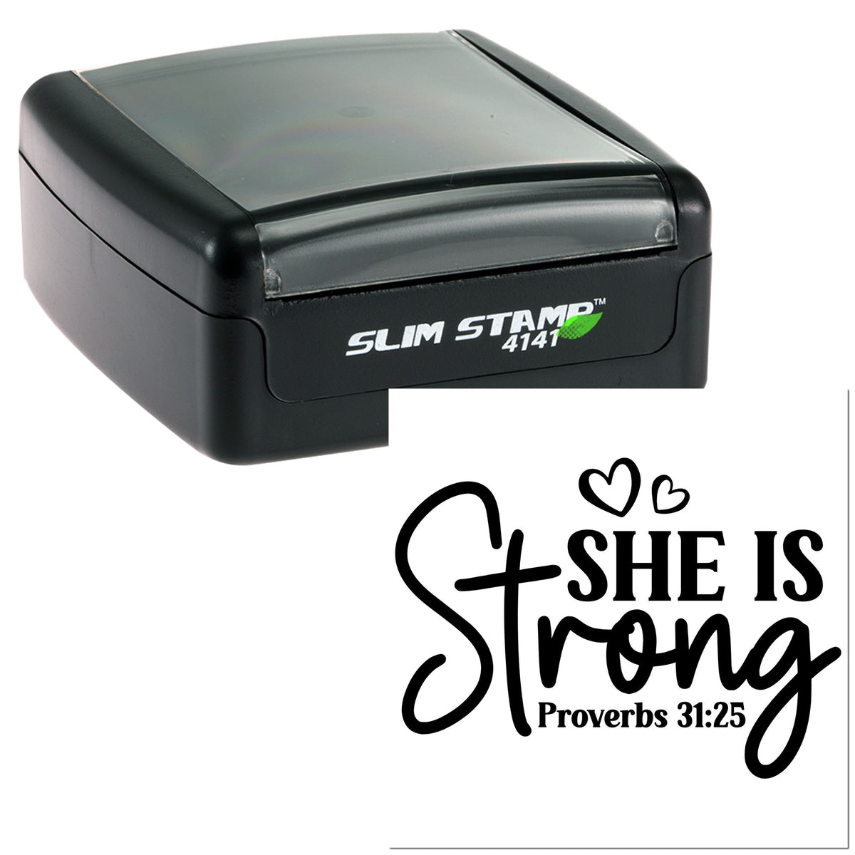 Black Slim Stamp 4141 self-inking stamp with translucent gray lid and white seal art reading She is Strong in black script.