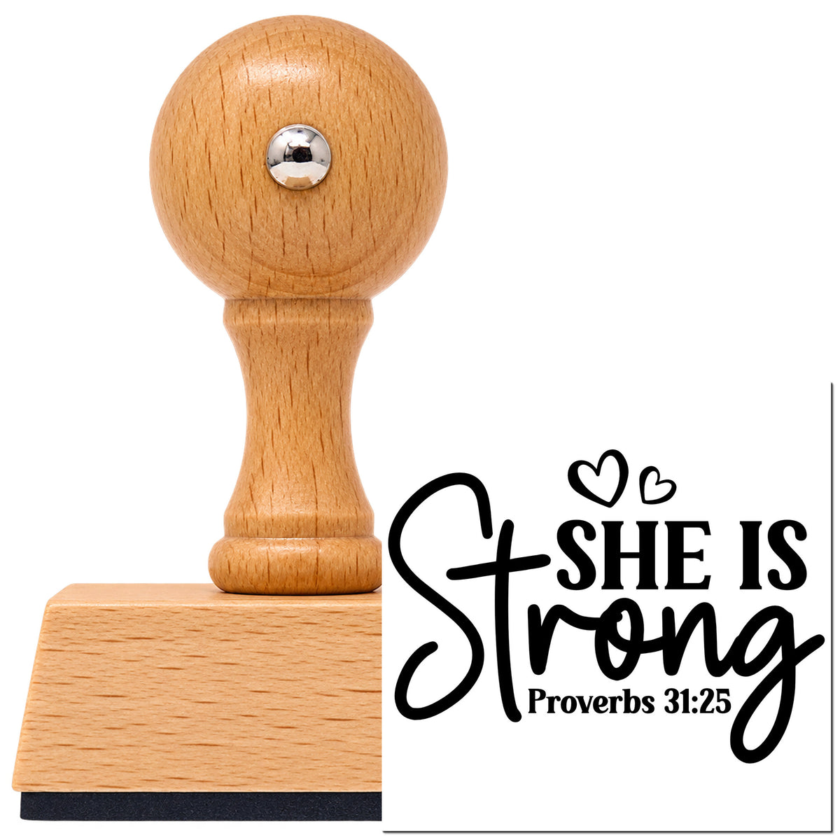 Vintage Pro beech wood stamp with a round knob handle, shown with its black She Is Strong Heart Accents imprint on white.