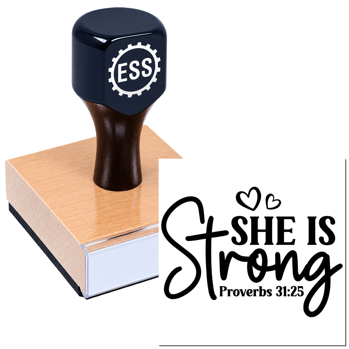 Dark blue custom self-inking stamp and seal with ESS logo, showing "She is Strong" imprint in black with hearts.