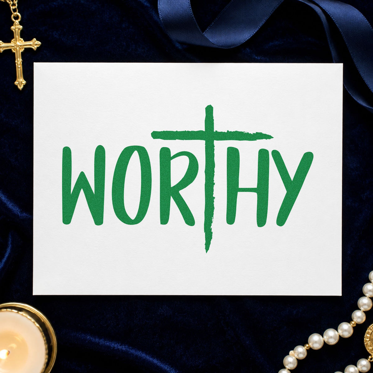 Worthy Cross craft stamp imprint in green ink on a handmade project, one idea being mirror clings.