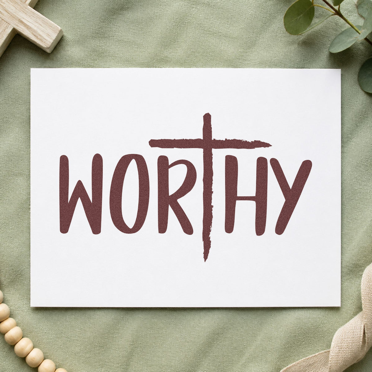Worthy Cross rubber stamp printed in brown ink, ready for self-worth pages and similar paper crafts.