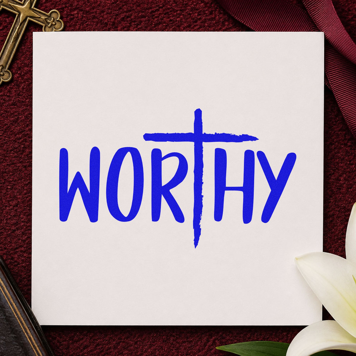 Worthy Cross craft stamp in blue ink on cardstock, an easy option for tee transfers.