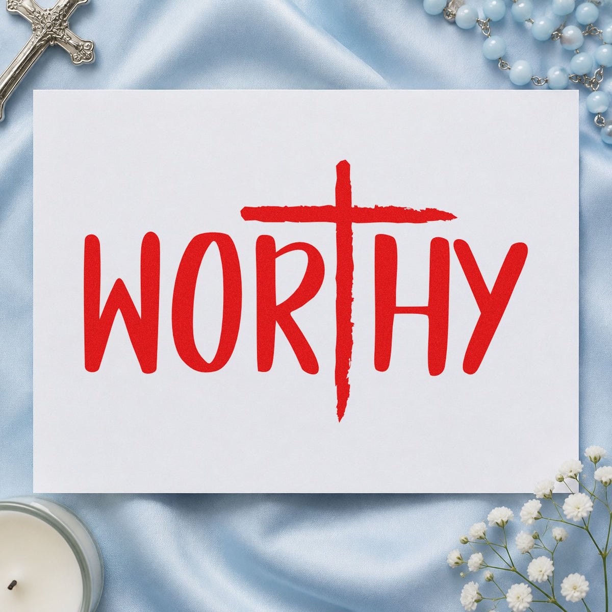 Worthy Cross rubber stamp shown in red ink, stamped for projects such as journal cover stamping.
