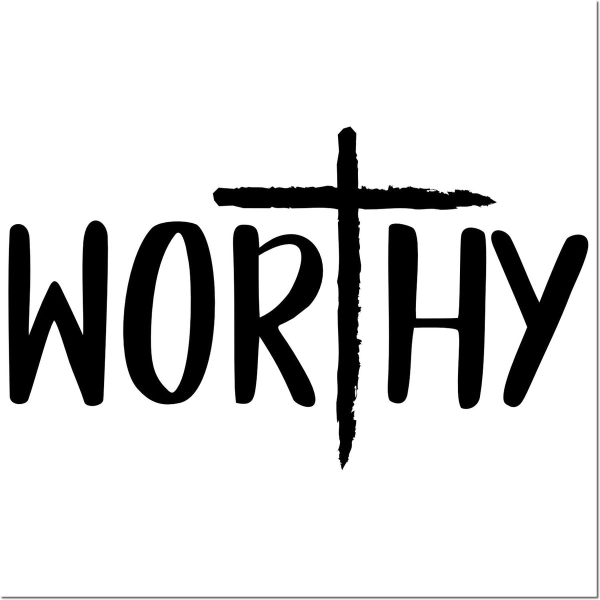 Black WORTHY stamp-style seal with a rough cross-shaped T on a white background.