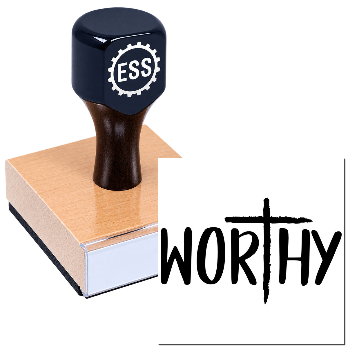 Black ESS self-inking stamp on a brown wooden seal block, with WORTHY logo on a white background.
